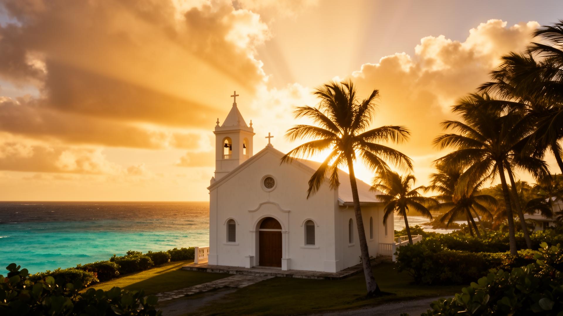 Caribbean church at sunset
